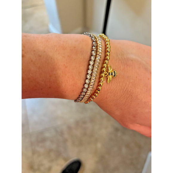 Set of Three Gold Plated Elastic/Adjustable Beaded/Crystal Diamond Bracelet - Picture 2 of 7